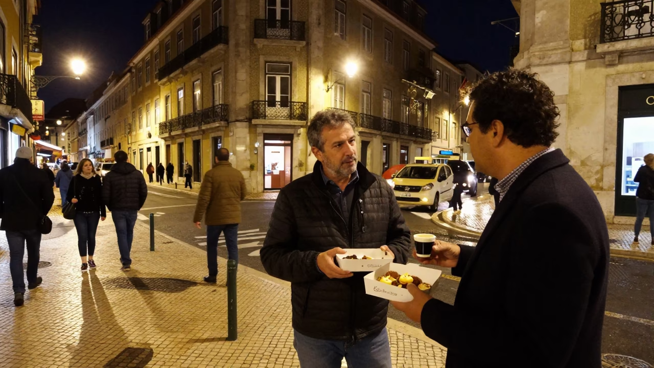Late Night Lisbon Street Scene with Espresso Cup and Pastry Box in in Lisbon, Portugal