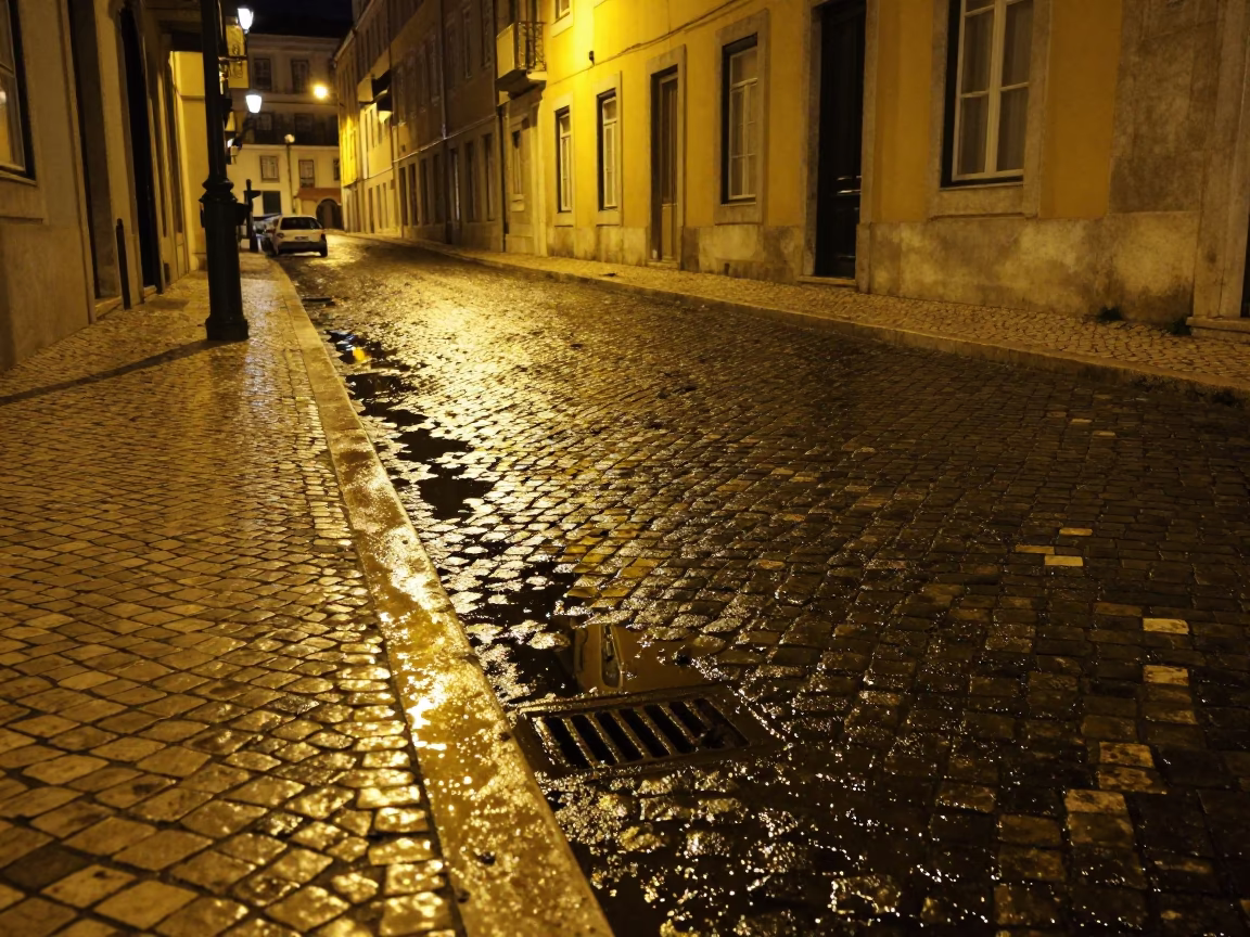 Late Night Lisbon Street Scene with Grease Sheen and Urban Reflections in in Lisbon, Portugal
