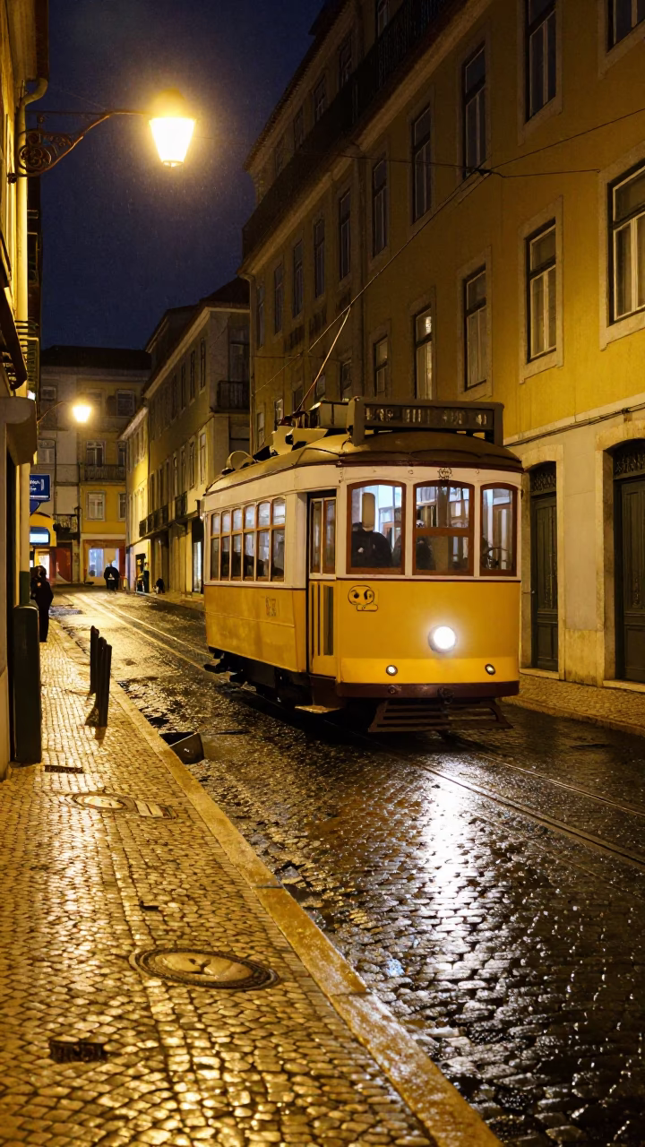 Late Night Lisbon Street Scene with Heritage Tram and Rain-Swept Cobblestones in in Lisbon, Portugal