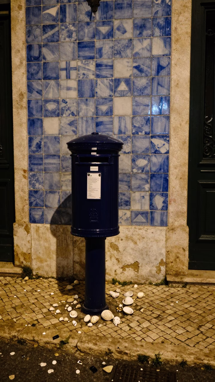 Late Night Lisbon Street Scene with Mailbox and Seashells in in Lisbon, Portugal