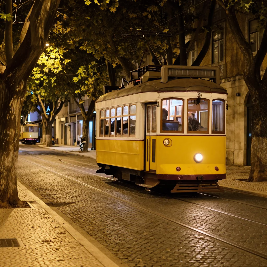 Late Night Lisbon Street Scene with Old Trolley and Papayas in Portugal in in Lisbon, Portugal