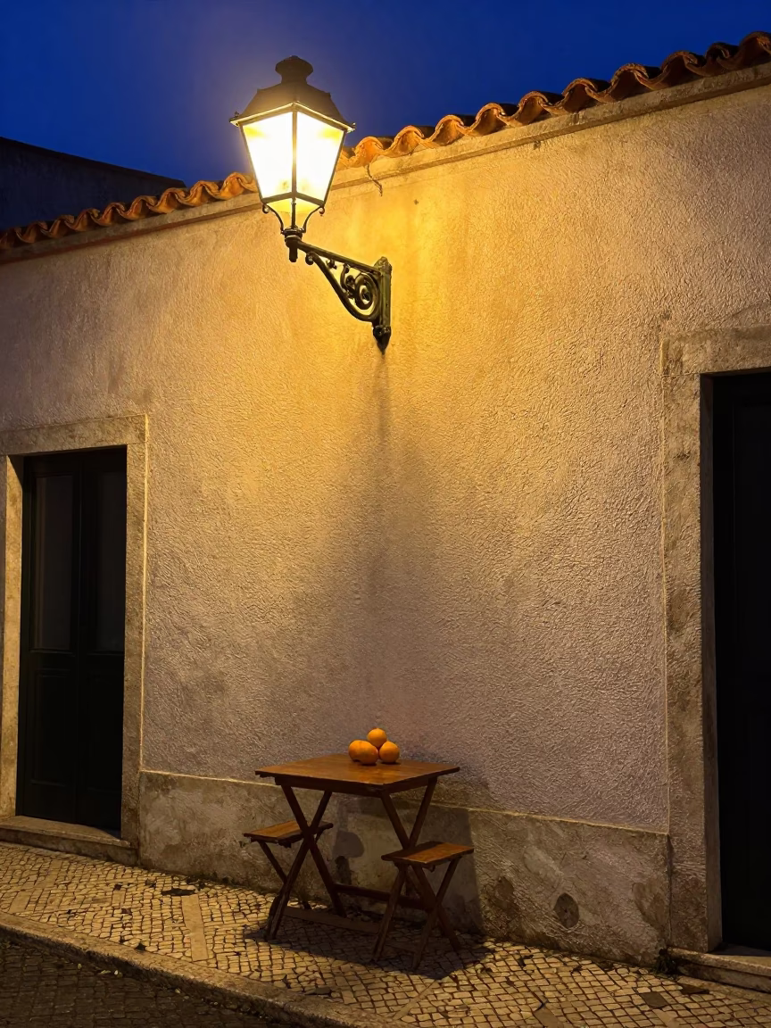 Late Night Lisbon Street Scene with Oranges and Blue Hydrangeas in Alfama in in Lisbon, Portugal