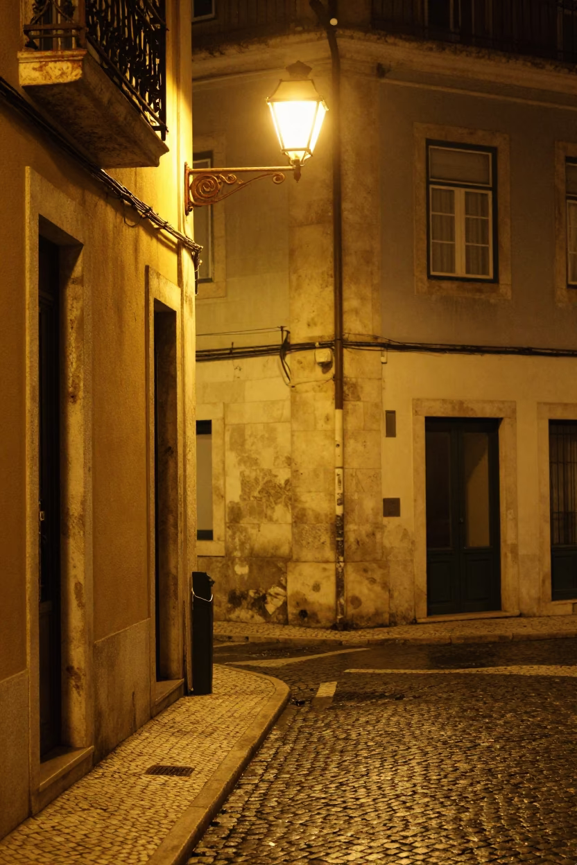 Late Night Lisbon Street Scene with Rusty Metal Details and Urban Decay in in Lisbon, Portugal