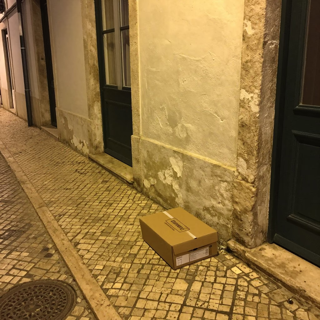 Late Night Lisbon Street Scene with Shoebox and Latch on Cobblestone in in Lisbon, Portugal