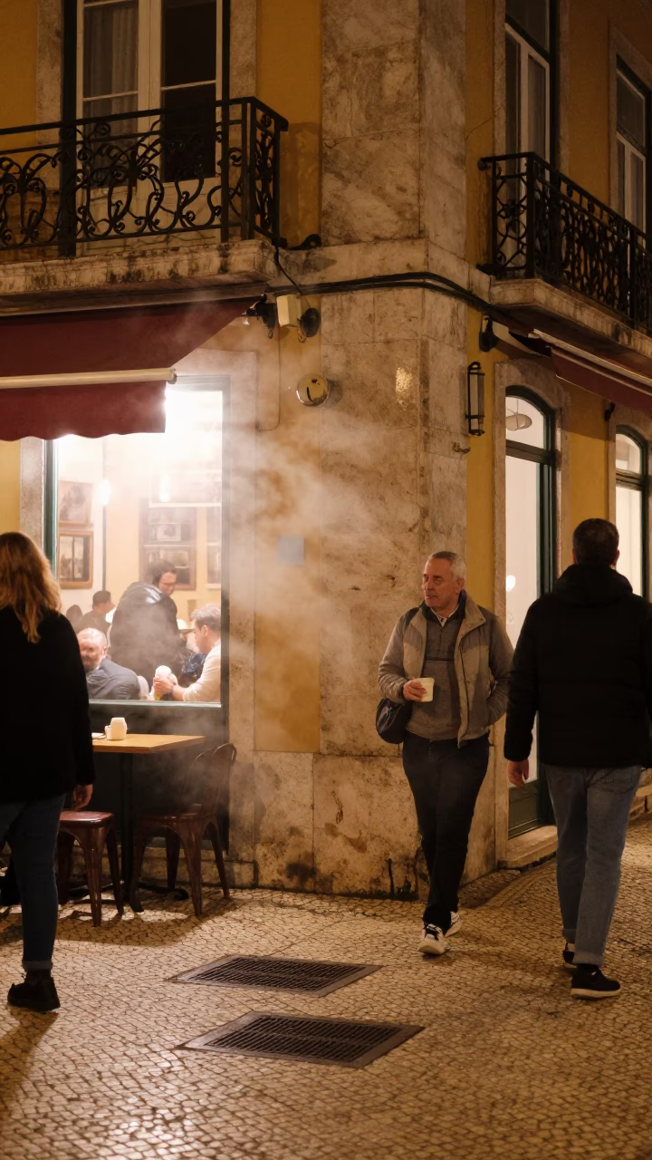 Late Night Lisbon Street Scene with Steam Haze and Blue Porcelain Plate in in Lisbon, Portugal