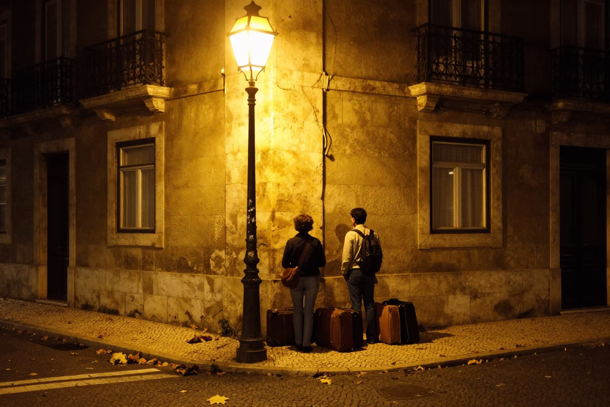 Late Night Lisbon Street Scene with Suitcases and Leaf Shadows in in Lisbon, Portugal