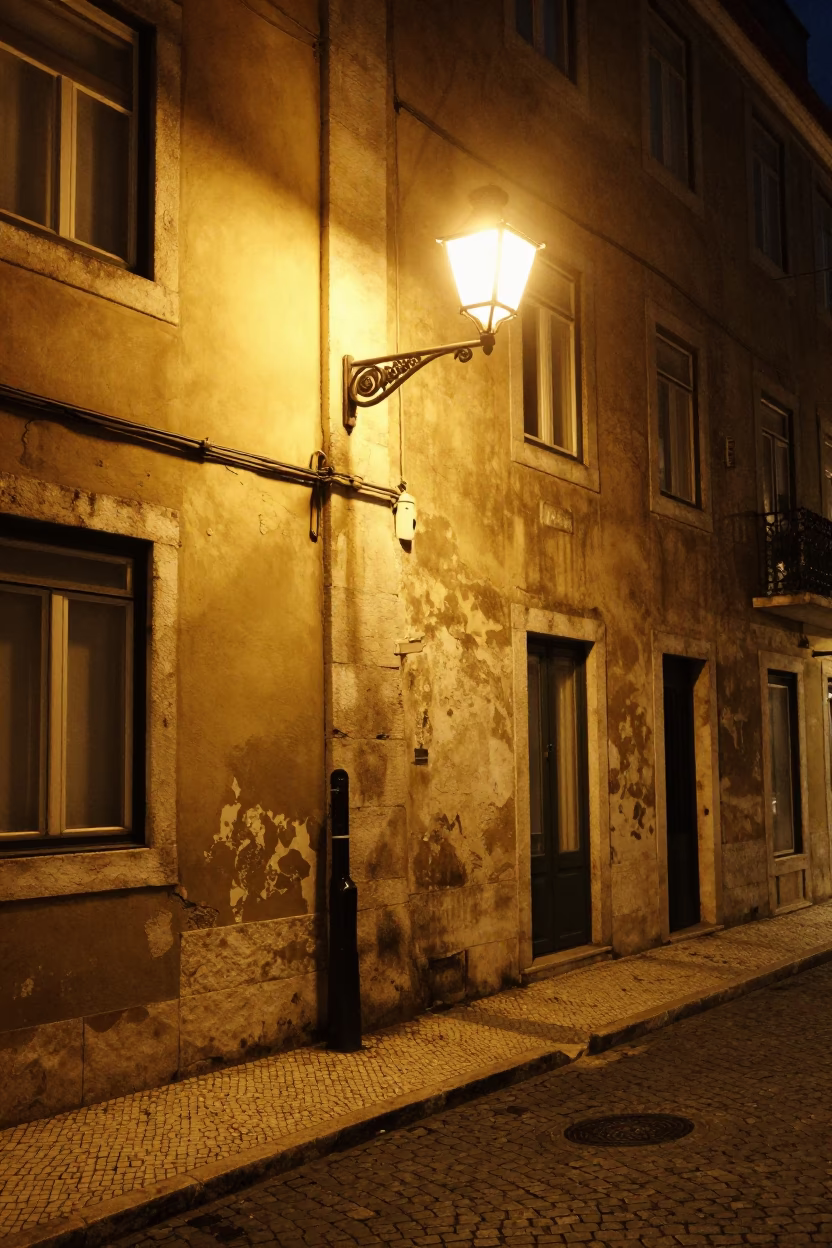 Late Night Lisbon Street Scene with Vintage 1970s Aesthetic and Urban Details in in Lisbon, Portugal