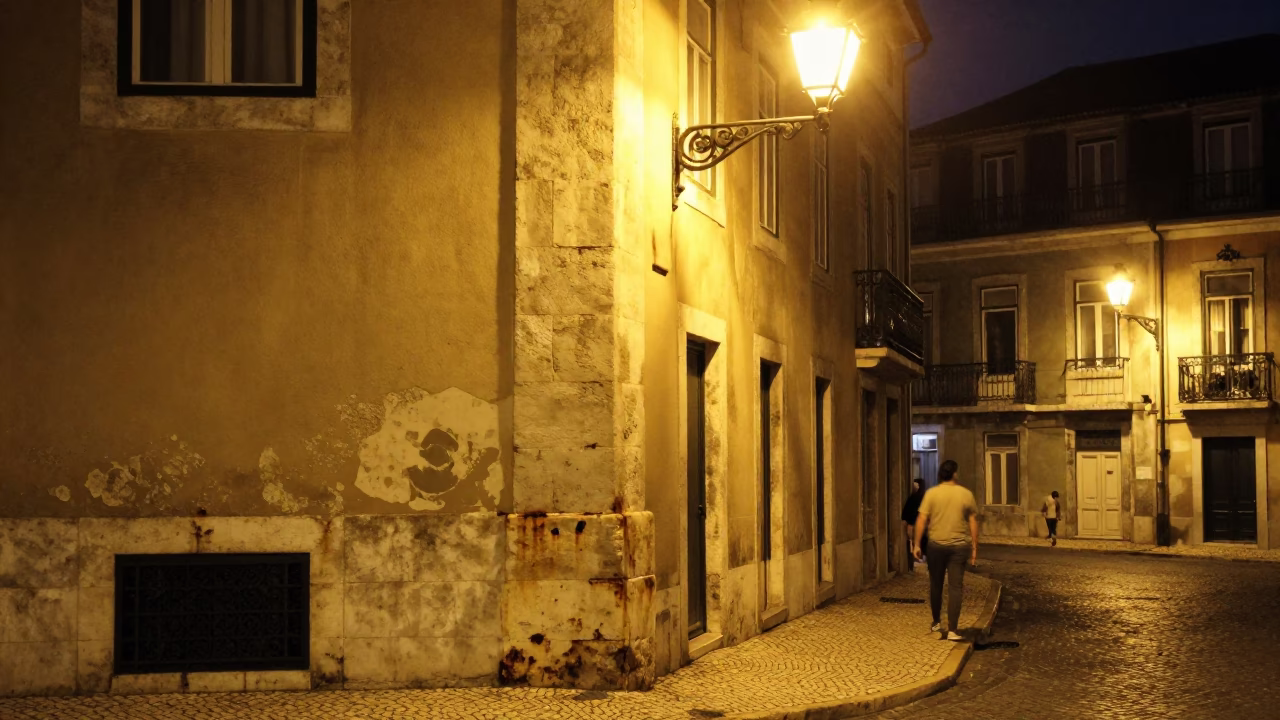 Late Night Lisbon Street Scene with Vintage 90s Aesthetic and Urban Details in in Lisbon, Portugal