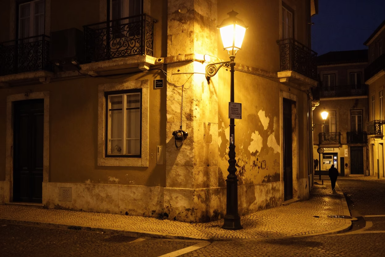 Late Night Lisbon Street Scene with Vintage Bakelite Telephone and Skateboard in in Lisbon, Portugal