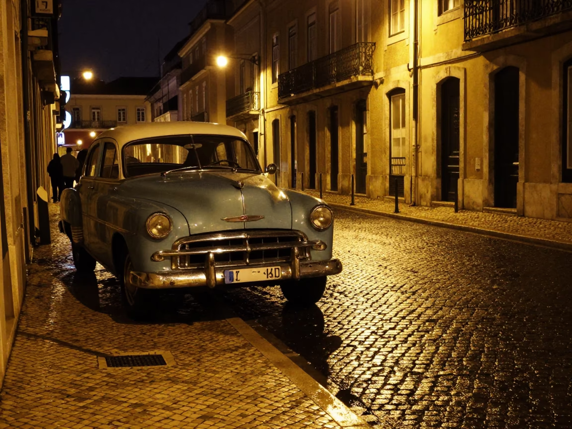 Late Night Lisbon Street Scene with Vintage Car and Neon Signage in in Lisbon, Portugal