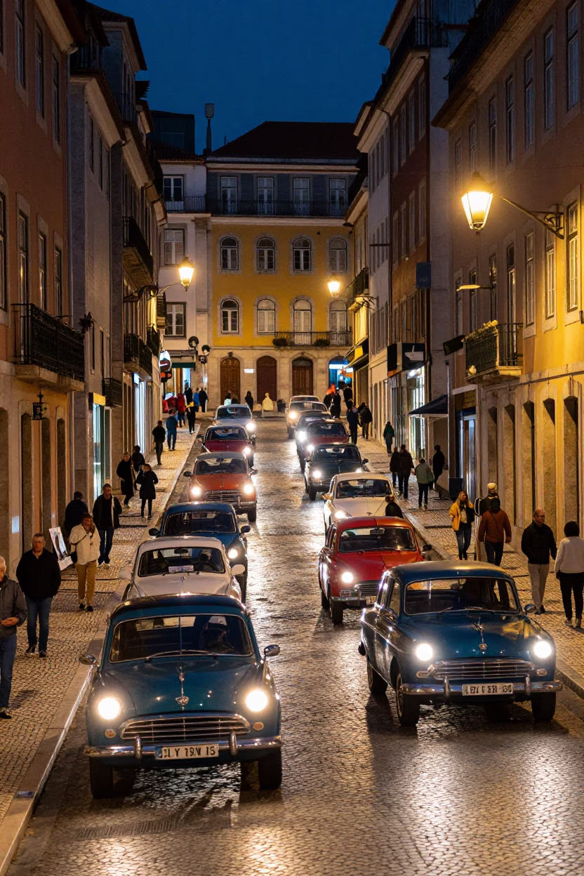 Late Night Lisbon Street Scene with Vintage Car Rally and Steam Train Elements in in Lisbon, Portugal