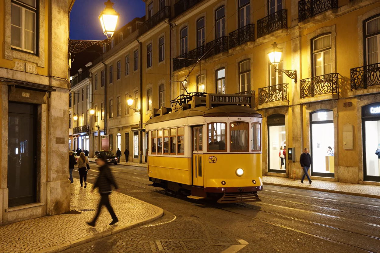 Late Night Lisbon Street Scene with Vintage Tram and Art Nouveau Architecture in in Lisbon, Portugal