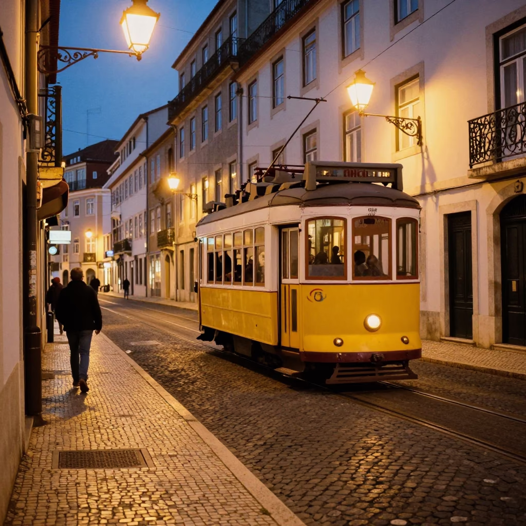 Late Night Lisbon Street Scene with Vintage Tram and Local Vendor in in Lisbon, Portugal