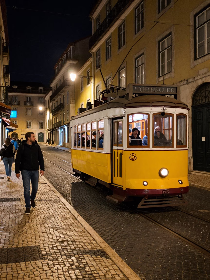 Late Night Lisbon Street Scene with Vintage Tram and Urban Clutter in in Lisbon, Portugal