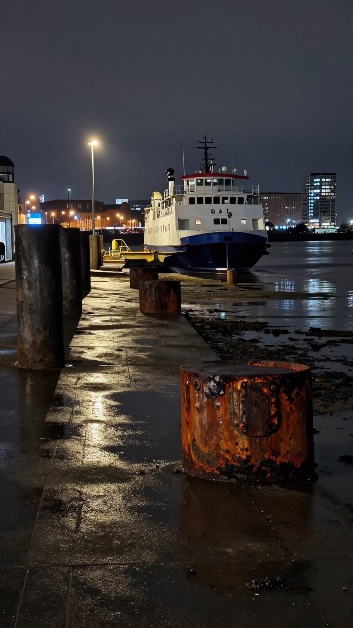 Late Night Liverpool Ferry Ramp Low Tide Rusty Sill and Industrial Waterfront in in Liverpool, United Kingdom