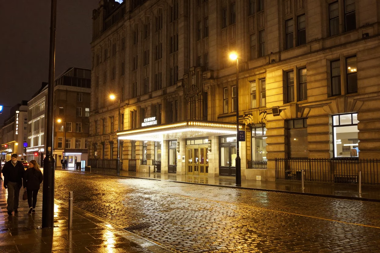Late Night Liverpool Street Scene with Art Deco Hotel and Urban Life in in Liverpool, United Kingdom