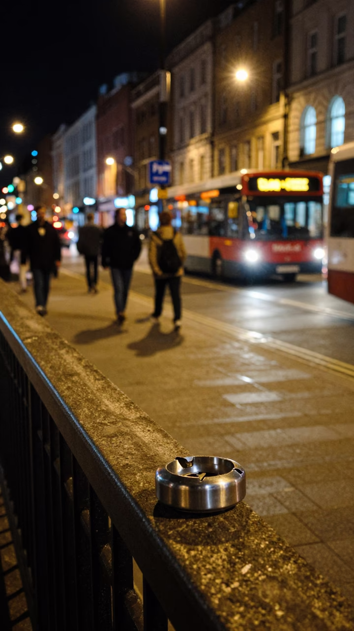 Late Night Liverpool Street Scene with Ashtray and Neon Reflections in in Liverpool, United Kingdom
