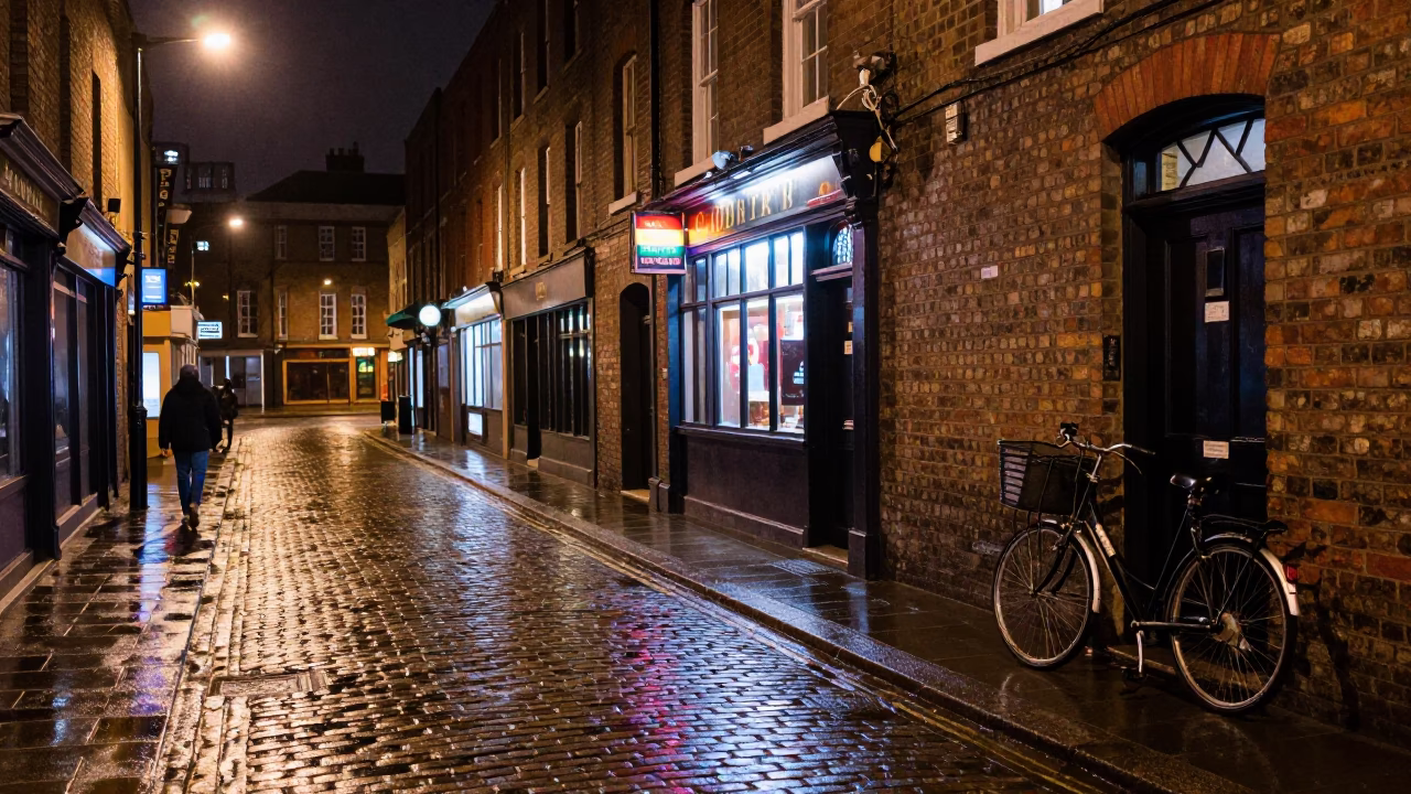 Late Night Liverpool Street Scene with Bicycle Basket and Urban Atmosphere in in Liverpool, United Kingdom