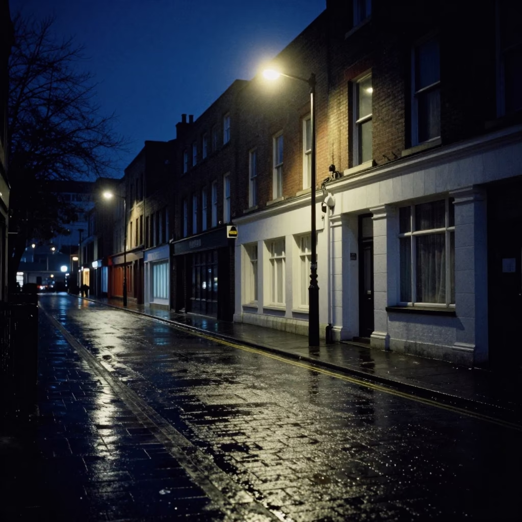 Late Night Liverpool Street Scene with Blue and White Porcelain Plate and Claw Hammer in in Liverpool, United Kingdom