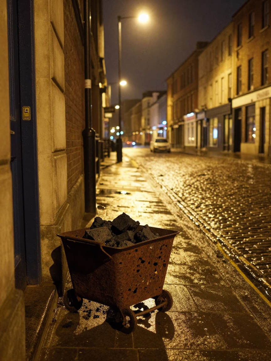 Late Night Liverpool Street Scene with Coal Scuttle and Smudged Window Sill in in Liverpool, United Kingdom
