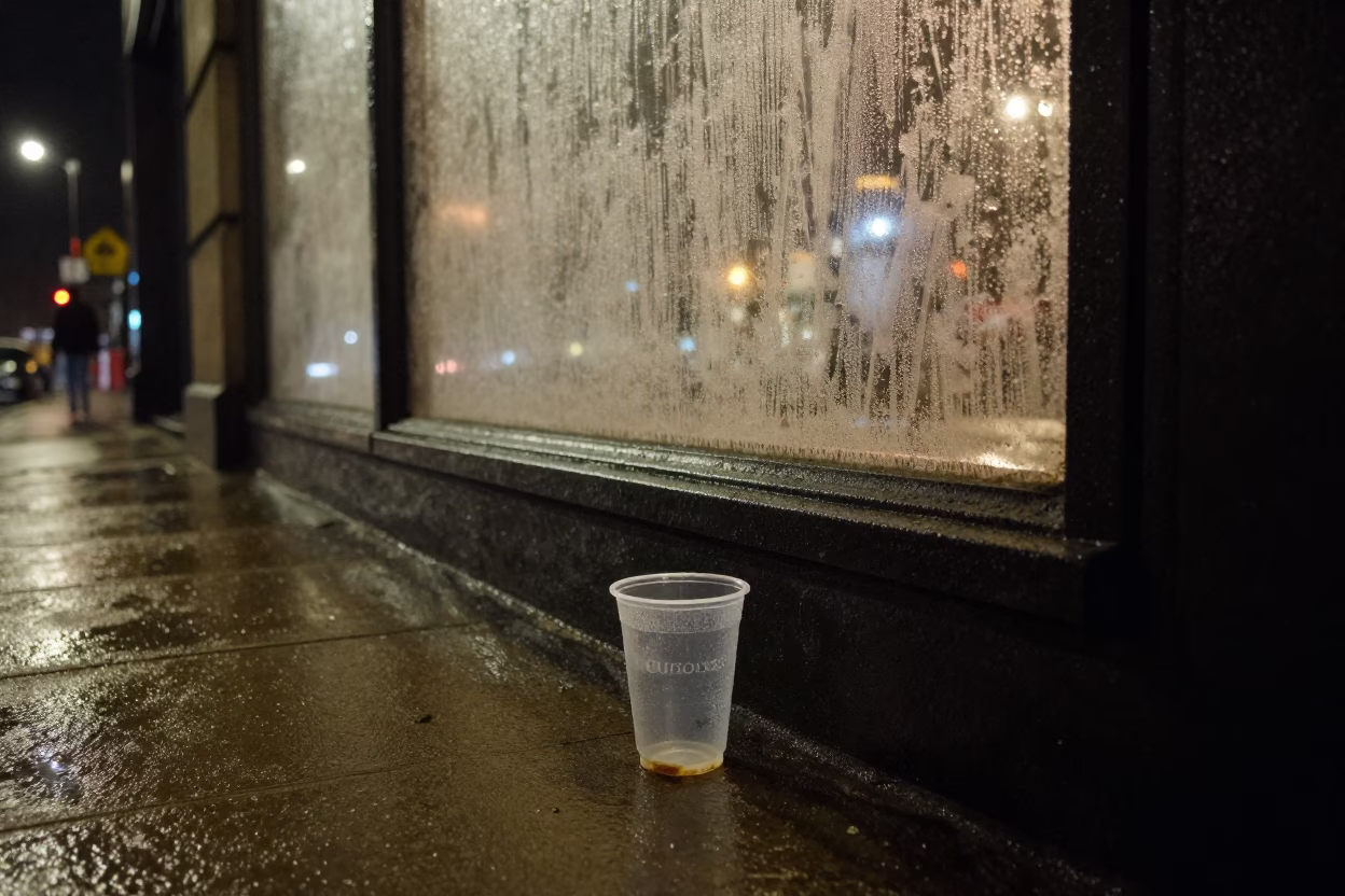 Late Night Liverpool Street Scene with Condensation on Glass and Woven Mats in in Liverpool, United Kingdom