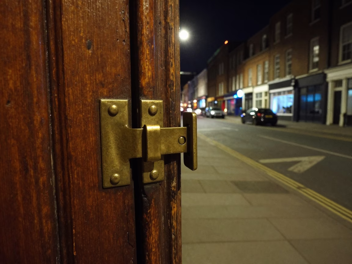 Late Night Liverpool Street Scene with Door Latch and Drinking Vessel in in Liverpool, United Kingdom
