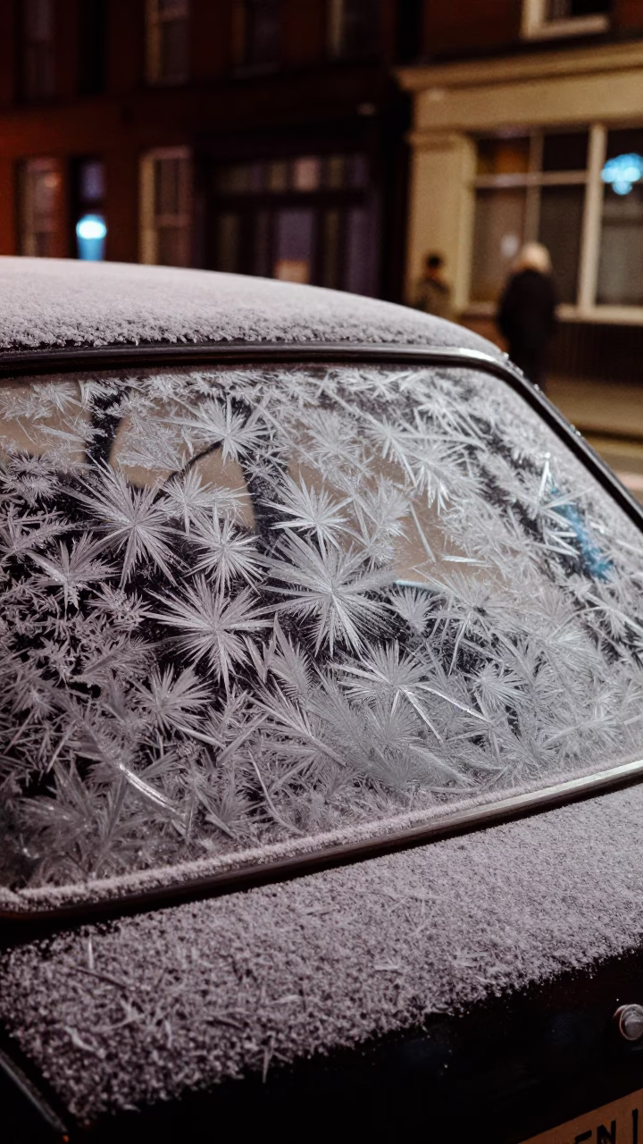 Late Night Liverpool Street Scene with Frosty Car Window and Urban Details in in Liverpool, United Kingdom