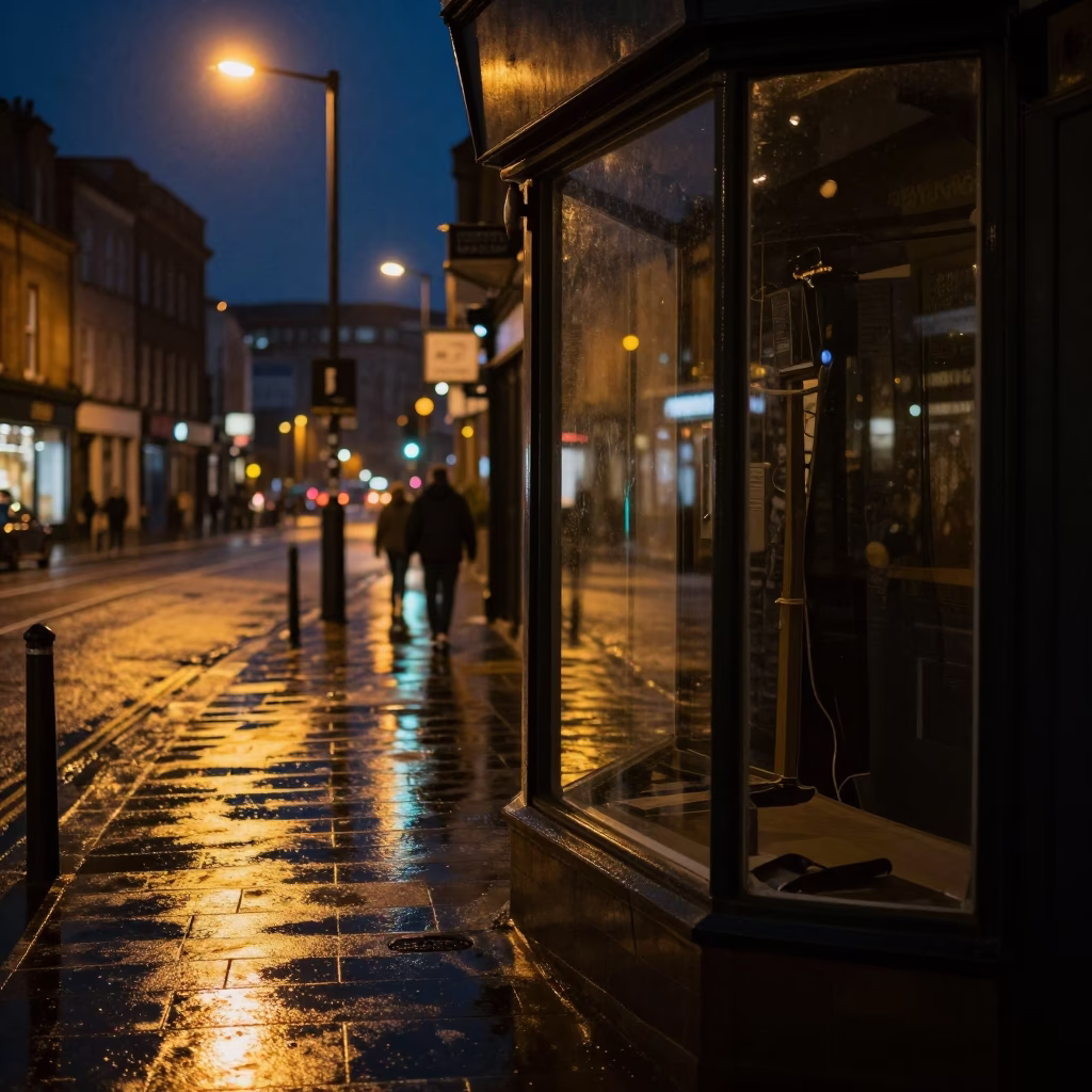 Late Night Liverpool Street Scene with Grease Sheen on Cabinet Door and Rain in in Liverpool, United Kingdom