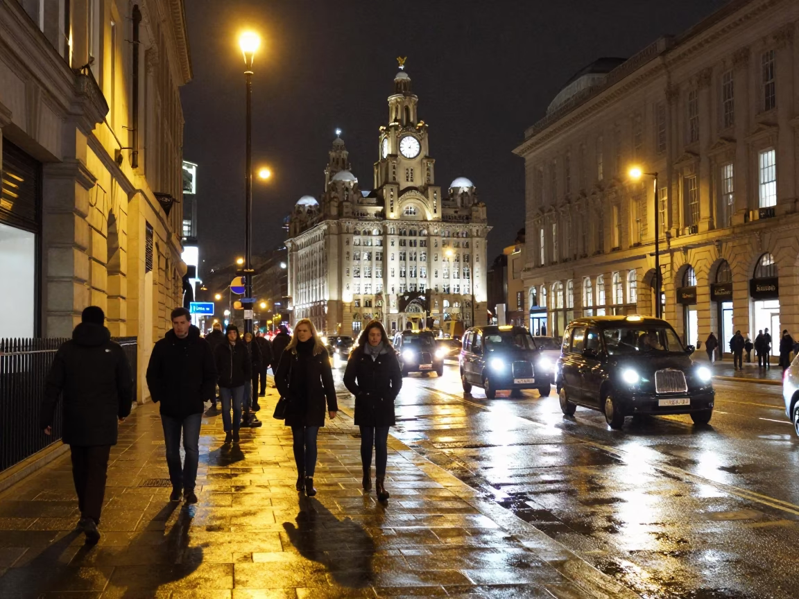 Late Night Liverpool Street Scene with Pedestrians and Urban Architecture in in Liverpool, United Kingdom