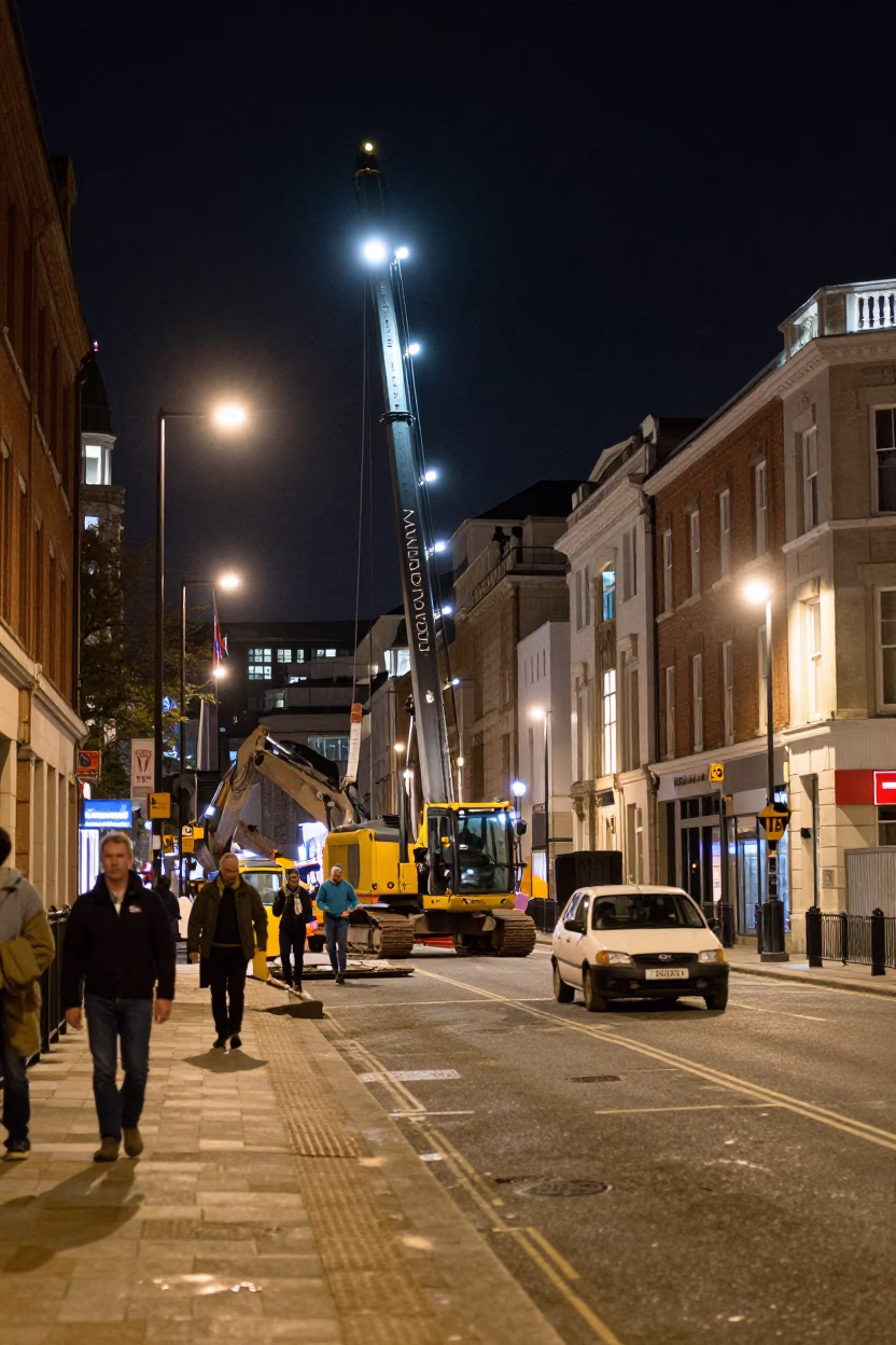 Late Night Liverpool Street Scene with Pile Driver Construction and Urban Activity in in Liverpool, United Kingdom