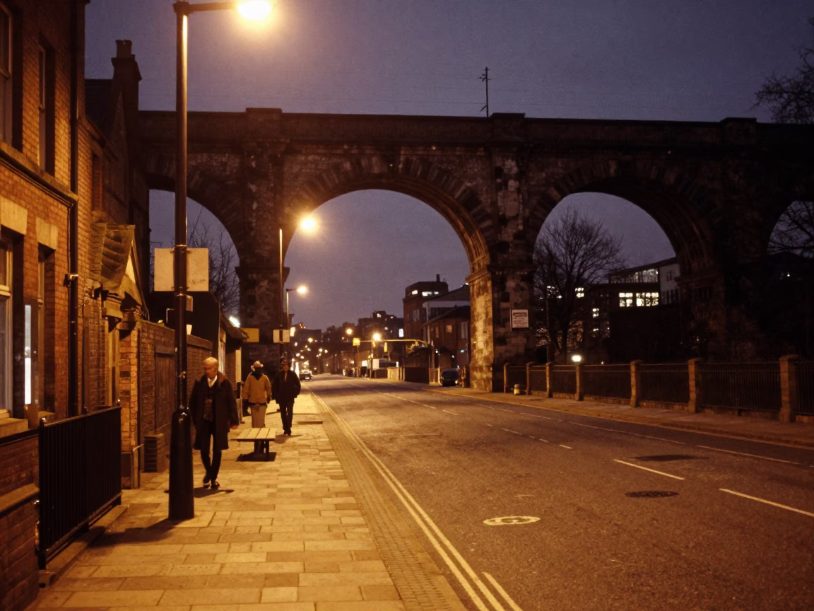 Late Night Liverpool Street Scene with Railway Viaduct and Urban Decay in in Liverpool, United Kingdom