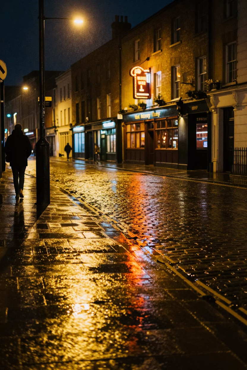 Late Night Liverpool Street Scene with Rain Boots and Urban Atmosphere in in Liverpool, United Kingdom