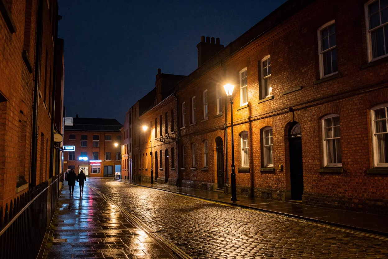 Late Night Liverpool Street Scene with Red Brick Architecture and City Lights in in Liverpool, United Kingdom