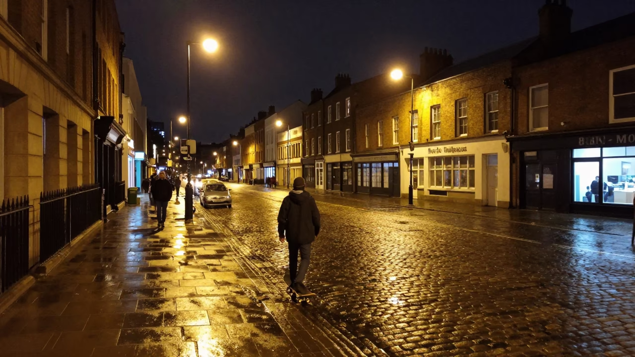 Late Night Liverpool Street Scene with Skateboard and Urban Architecture in in Liverpool, United Kingdom