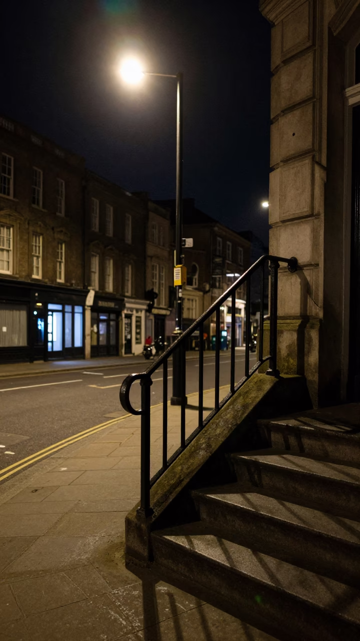 Late Night Liverpool Street Scene with Stair Rail and Urban Shadows in in Liverpool, United Kingdom
