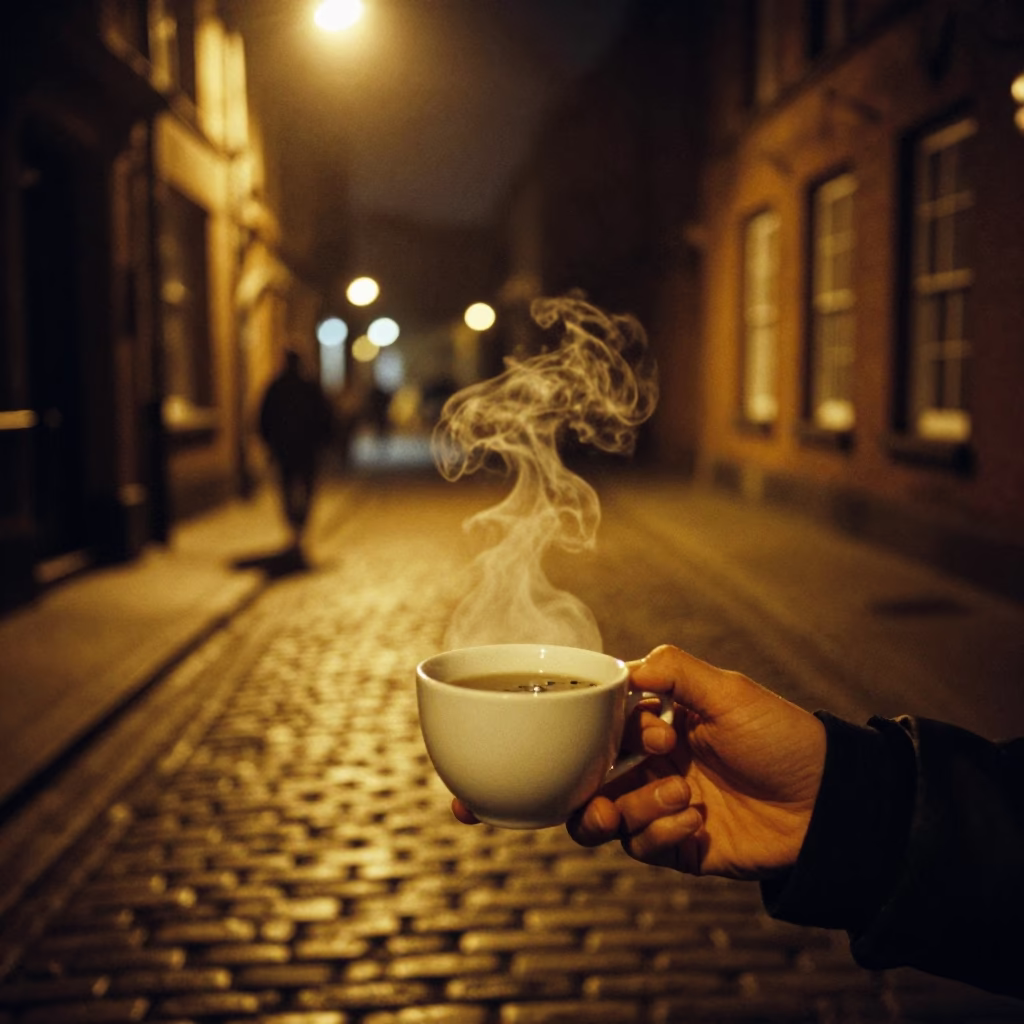 Late Night Liverpool Street Scene with Steaming Genmaicha Tea and Urban Reflections in in Liverpool, United Kingdom