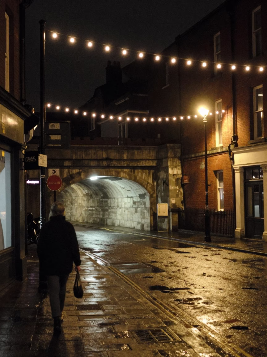 Late Night Liverpool Street Scene with String Lights and Tunnel Portal in in Liverpool, United Kingdom
