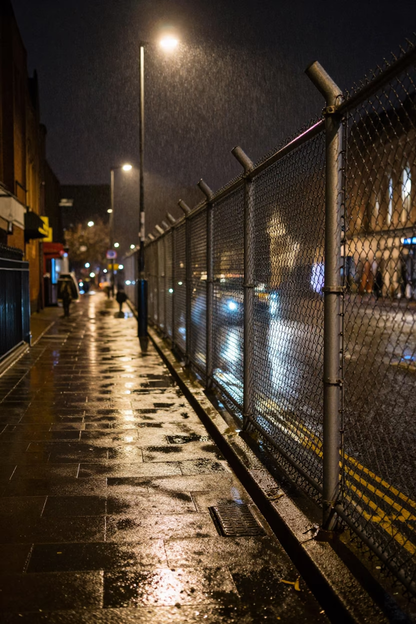 Late Night Liverpool Street Scene with Substation Fence and Urban Decay in in Liverpool, United Kingdom