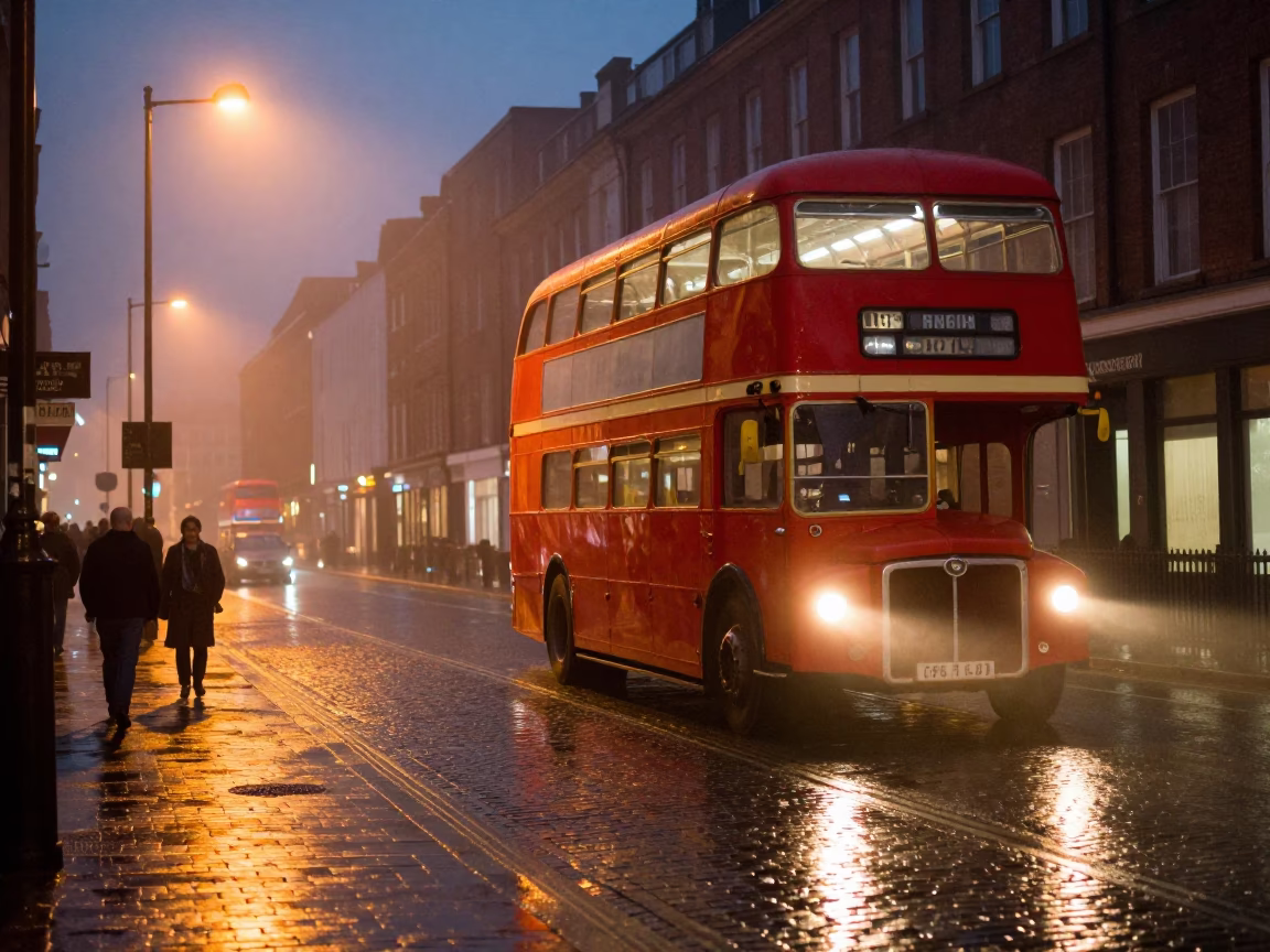 Late Night Liverpool Street Scene with Vintage Bus and Wet Cobblestones in in Liverpool, United Kingdom