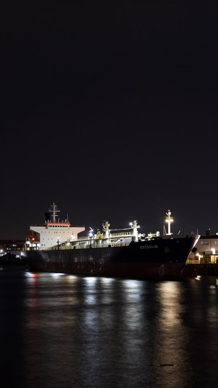 Late Night Liverpool Waterfront Tanker Ship Refinery Dock Dark Tidal Channel in in Liverpool, United Kingdom