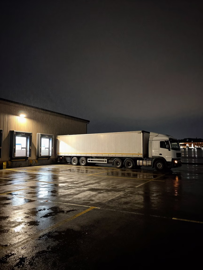 Late Night Loading Dock Activity in Stockholm Sweden with Semi Trailer in in Stockholm, Sweden