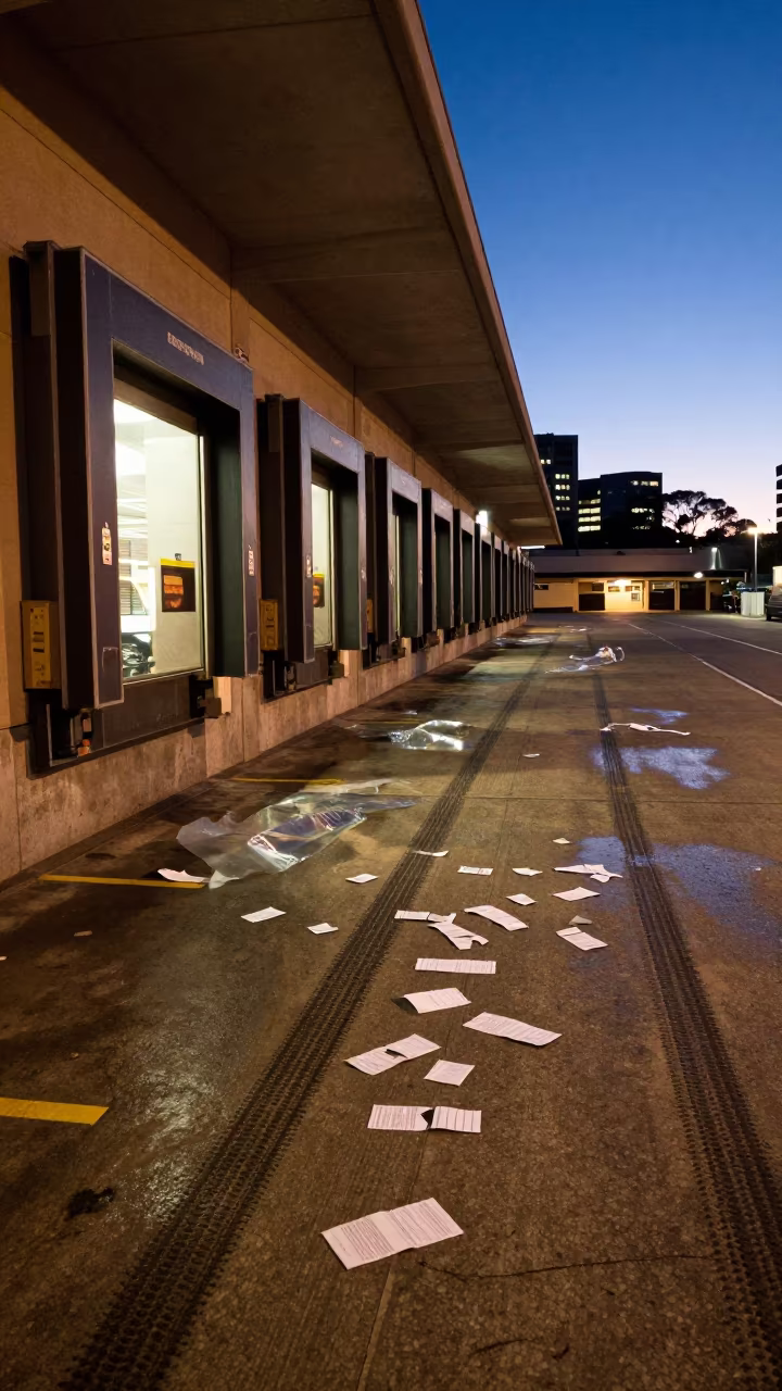 Late Night Loading Dock with Tire Tracks in in a trailer yard outside the warehouse near Barangaroo, Sydney