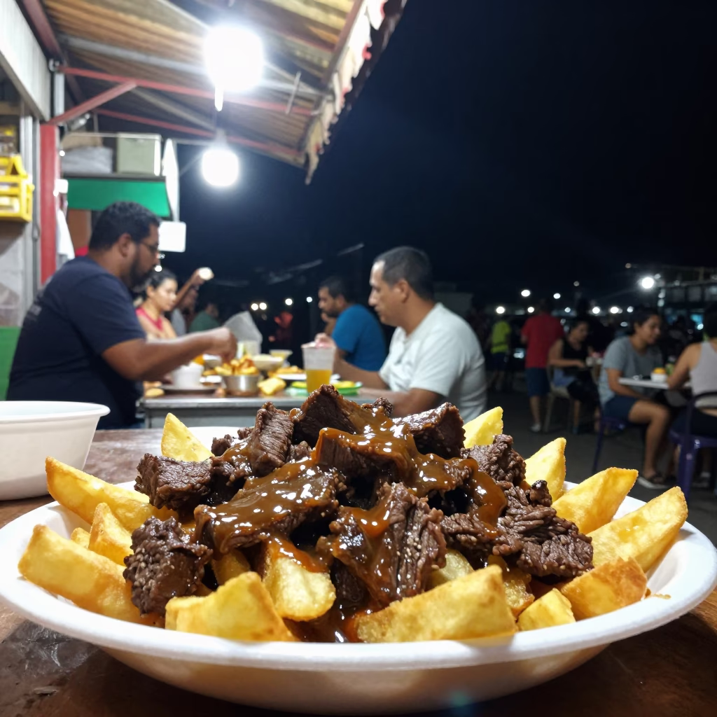 Late Night Lomo Saltado Served at Bustling Rio Street Food Stall Under Neon Lights in in Rio de Janeiro, Brazil