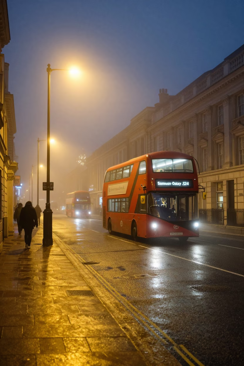 Late Night London Fog and Double Decker Bus in Urban Street Scene in in London, United Kingdom
