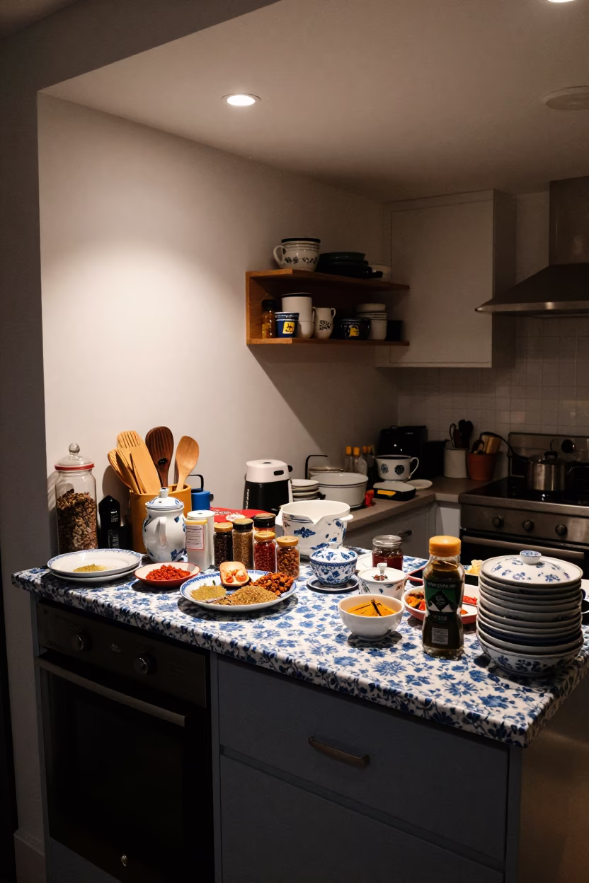 Late Night London Kitchen Interior with Spices and Porcelain in in London, United Kingdom