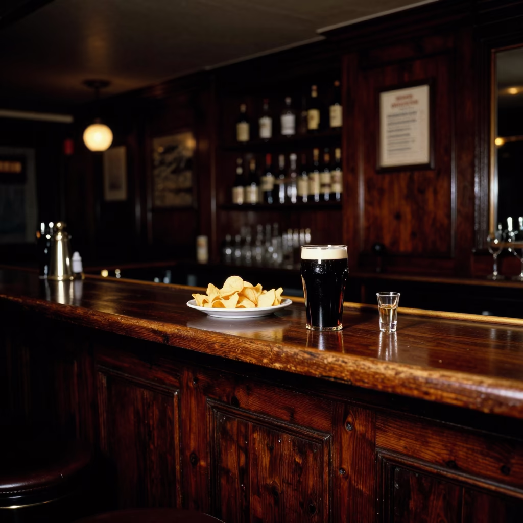 Late Night London Pub Interior with Wooden Bar and Patrons in in London, United Kingdom