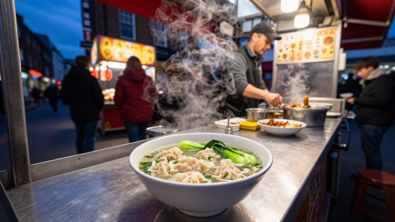 Late Night London Street Food Stall Serving Wonton Soup and Chai Tea in in London, United Kingdom