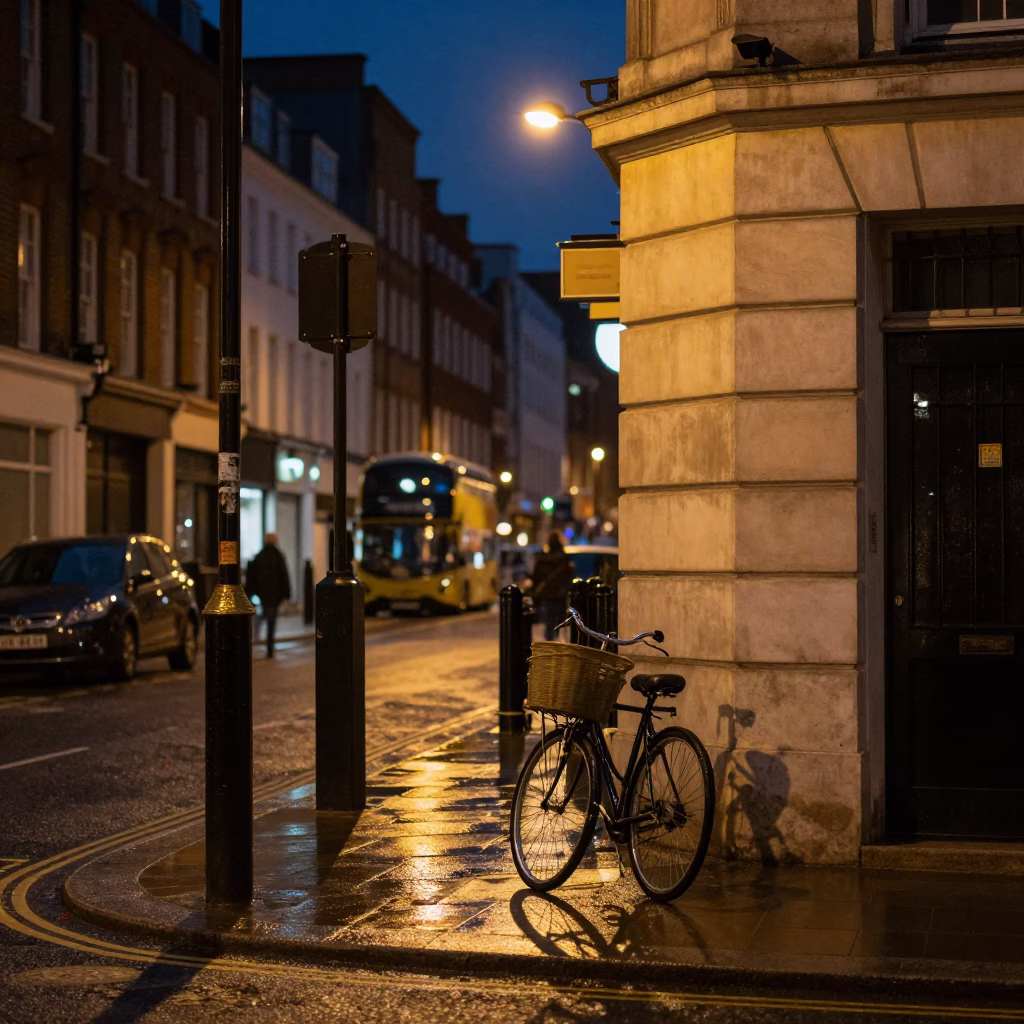 Late Night London Street Scene with Bicycle Basket and Urban Details in in London, United Kingdom