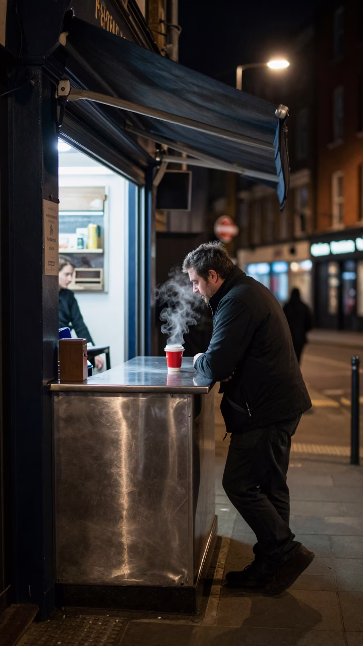Late Night London Street Scene with Brushed Steel Countertop and Polished Brass Bucket in in London, United Kingdom