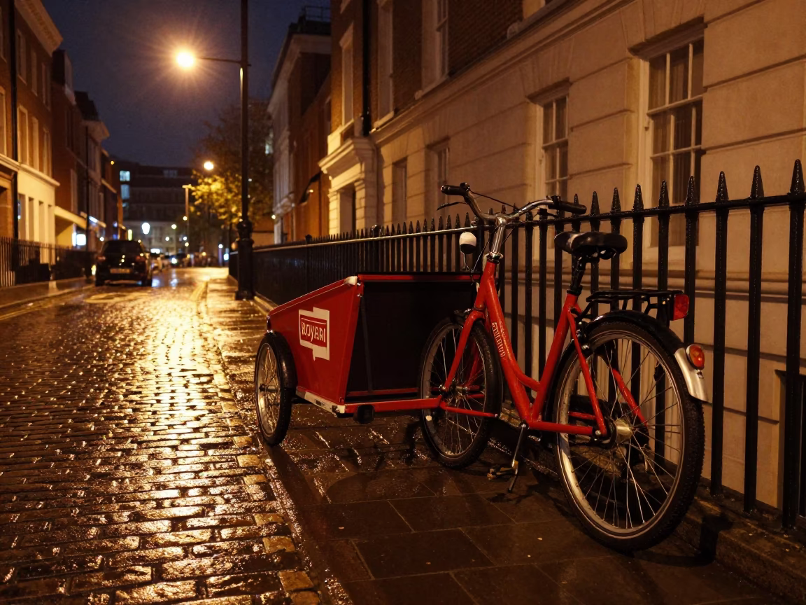 Late Night London Street Scene with Cargo Bicycle and Urban Overpass Interchange in in London, United Kingdom